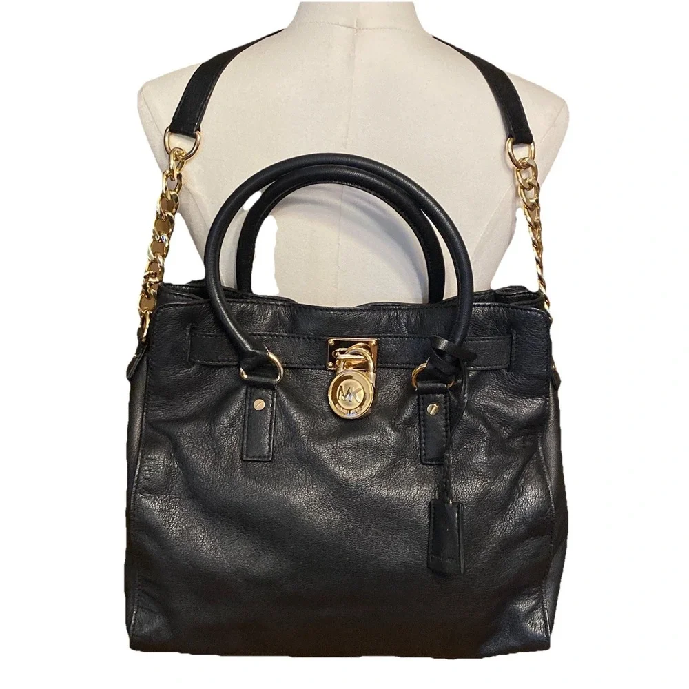 Michael Kors black leather handbag Gold Chain Handle Multi Pockets Dust bag
